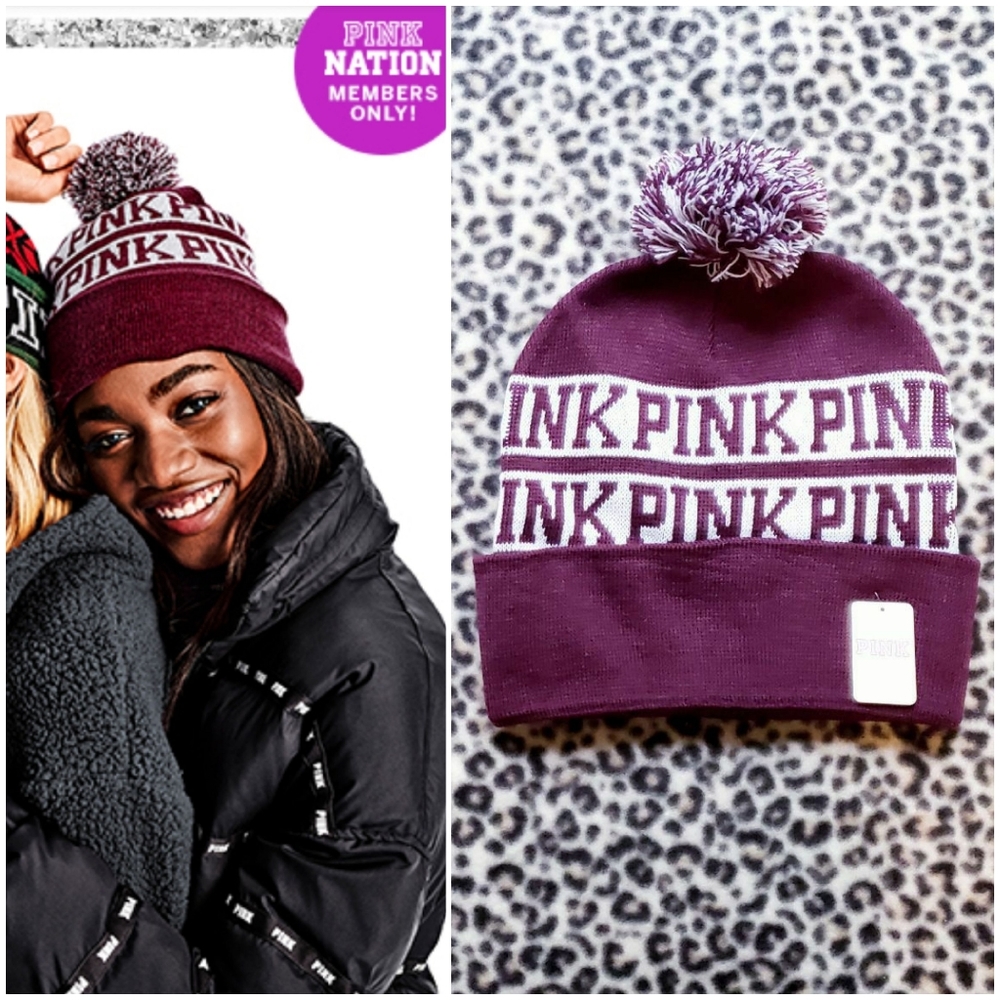 2017 VS PINK Maroon and White Exclusive Pink Nation Holiday 2017 Pom Beanie, NWT